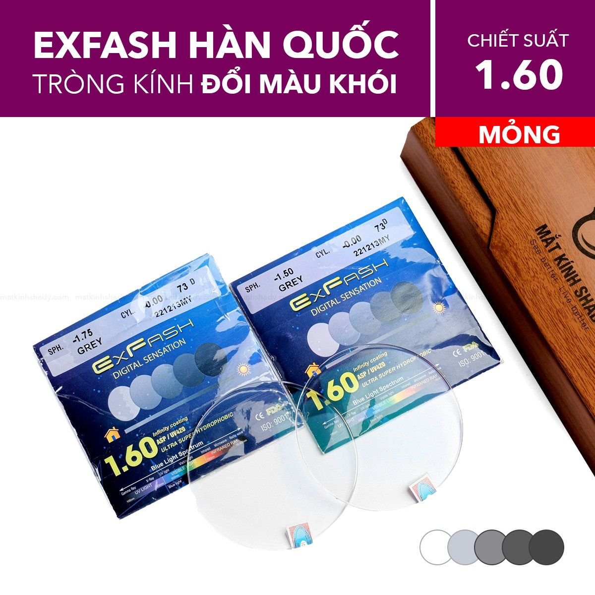  Tròng Kính Mỏng Đổi Màu Chống Ánh Sáng Xanh Exfash Sensation 1.60 