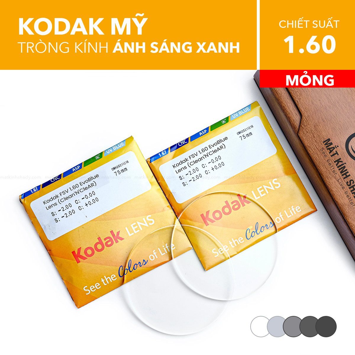  Tròng Kính Mỏng Đổi Màu Chống Ánh Sáng Xanh Kodak EvoBlue Lens 1.60 