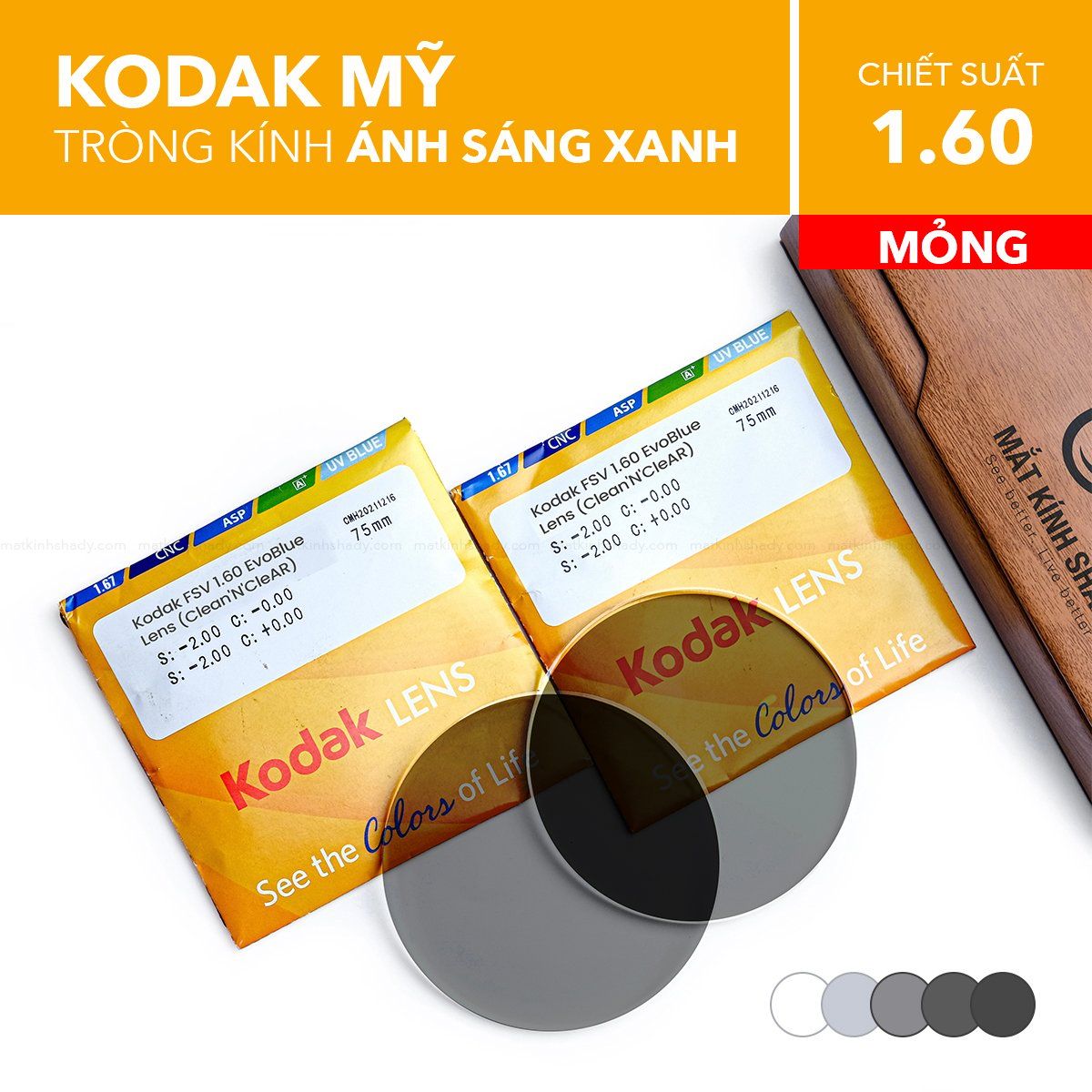  Tròng Kính Mỏng Đổi Màu Chống Ánh Sáng Xanh Kodak EvoBlue Lens 1.60 