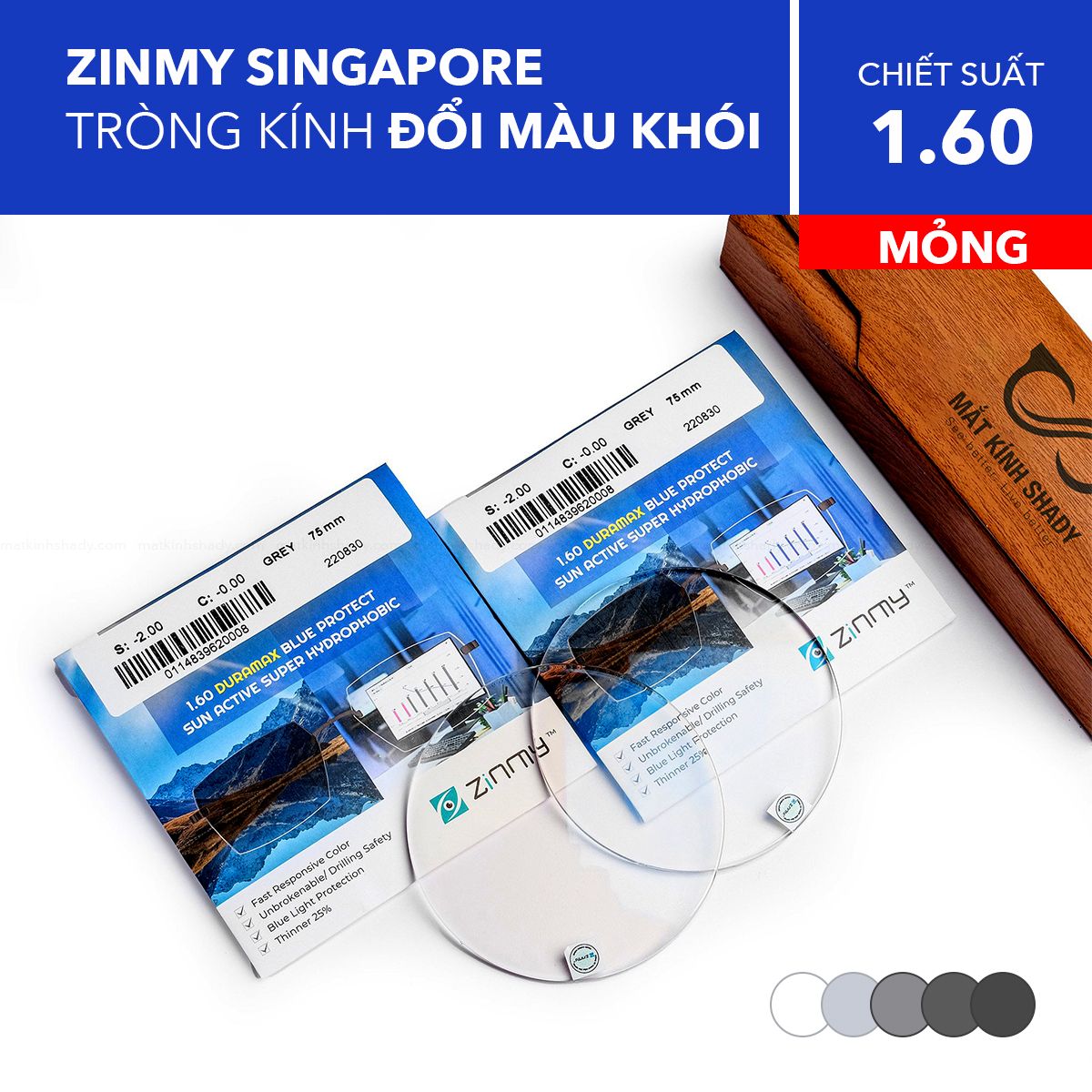  Tròng Kính Mỏng Đổi Màu Chống Ánh Sáng Xanh Zinmy 1.60 