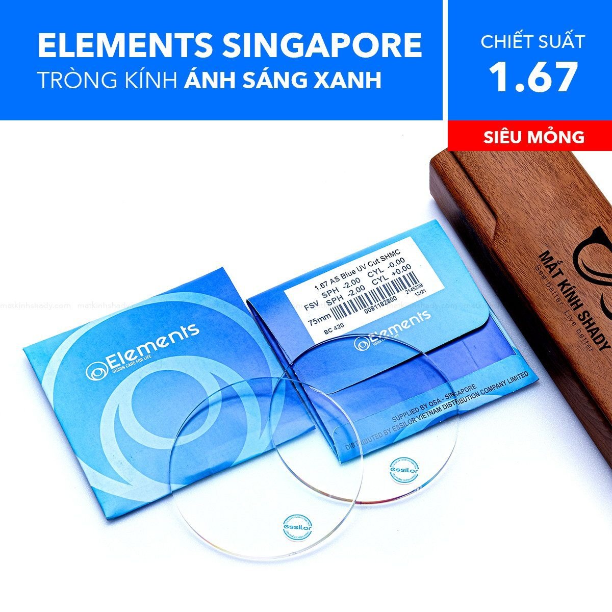  Tròng Kính Siêu Mỏng Chống Ánh Sáng Xanh Blue Uv Elements 1.67 