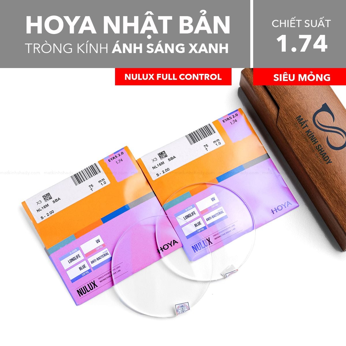  Tròng Kính Siêu Mỏng Chống Ánh Sáng Xanh Nulux Full Control Hoya 1.74 
