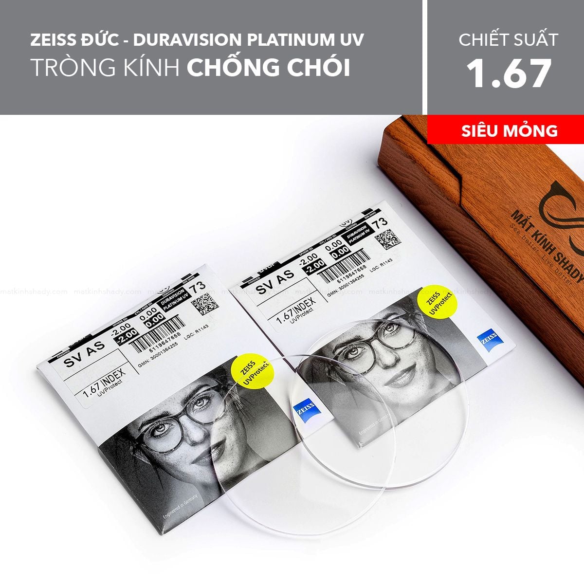  Tròng Kính Siêu Mỏng Chống Chói Duravision® Platinum Zeiss 1.67 