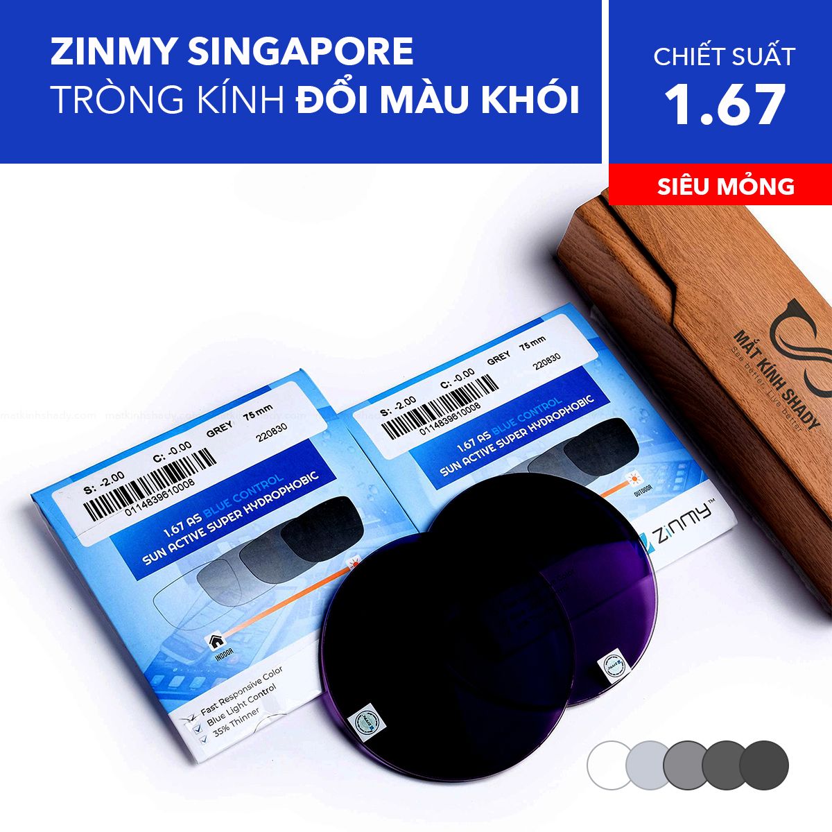  Tròng Kính Siêu Mỏng Đổi Màu Chống Ánh Sáng Xanh Zinmy 1.67 
