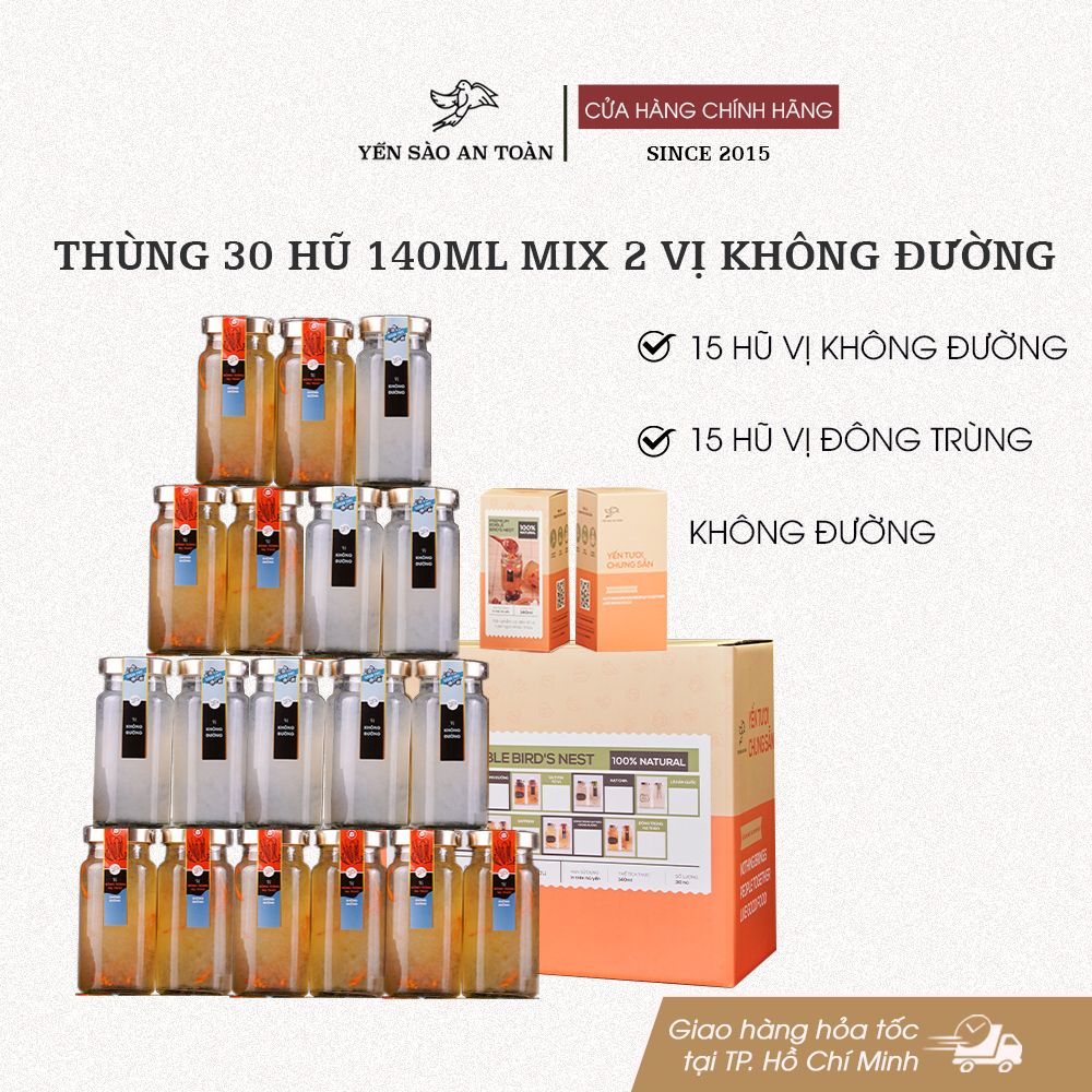 Thùng 30 hũ 140ml yến chưng sẵn MIX ĐẾN 9 vị ĐẬM ĐẶC YẾN TƯƠI từ Yến Sào An Toàn