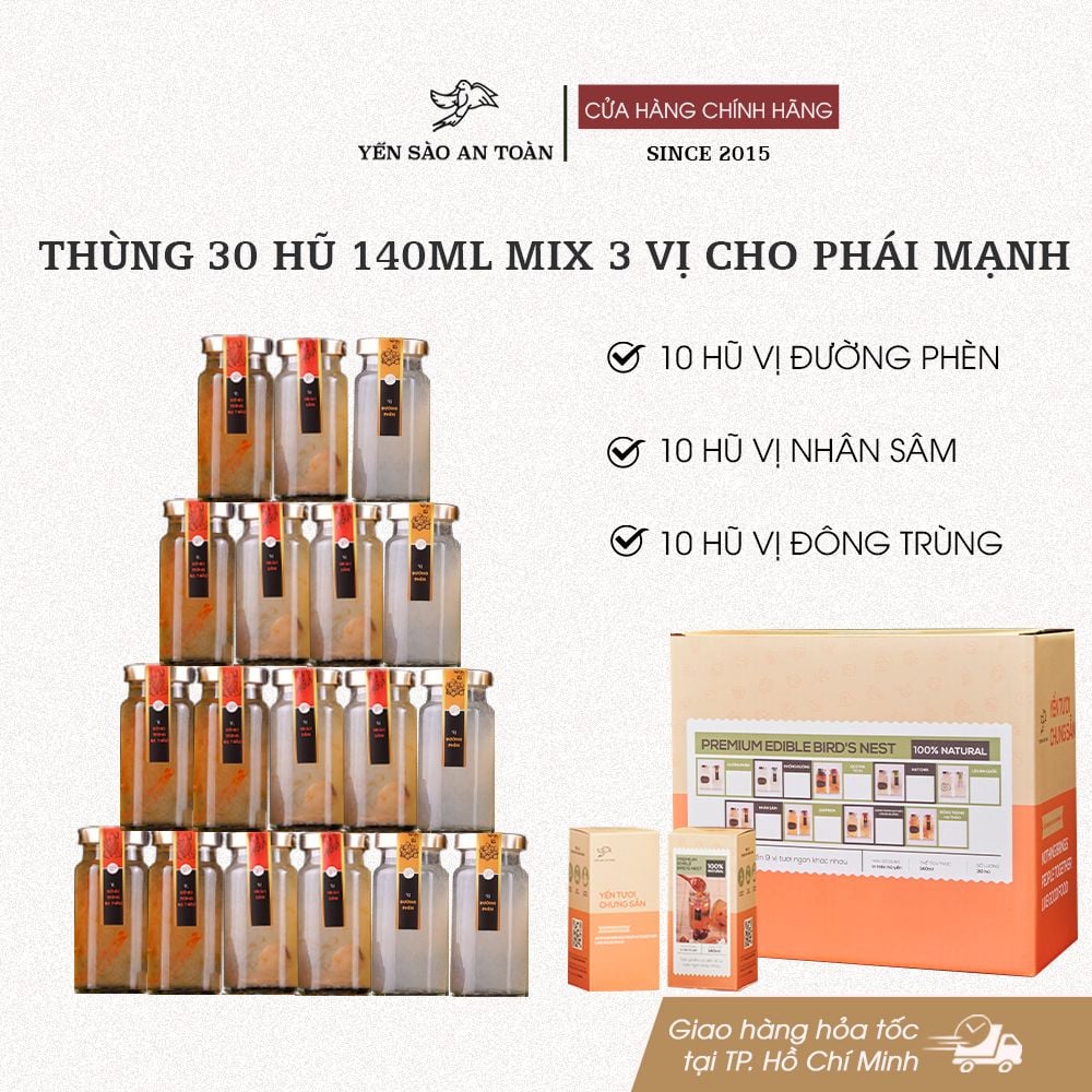 Thùng 30 hũ 140ml yến chưng sẵn MIX ĐẾN 9 vị ĐẬM ĐẶC YẾN TƯƠI từ Yến Sào An Toàn