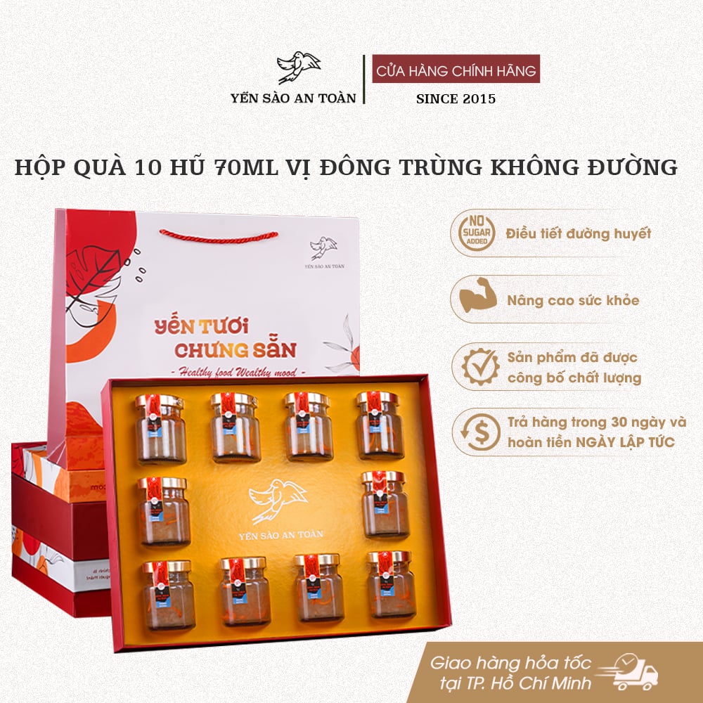 Hộp quà 10 hũ 70ml vị Đông Trùng Hạ Thảo Không Đường - Đỏ Đại Cát