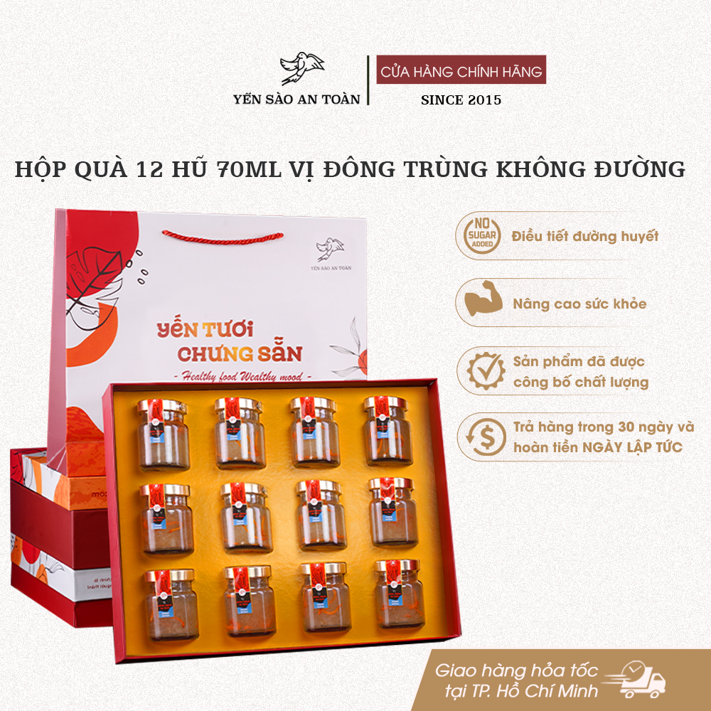 Hộp quà 12 hũ 70ml vị Đông Trùng Hạ Thảo Không Đường - Đỏ Đại Cát