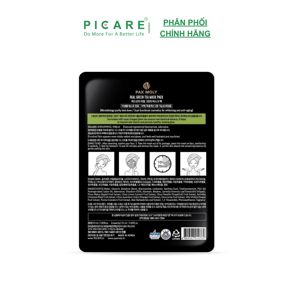 Mặt nạ trà xanh dành cho da thâm mụn PAX MOLY Real Green Tea Mask Pack (25ml)