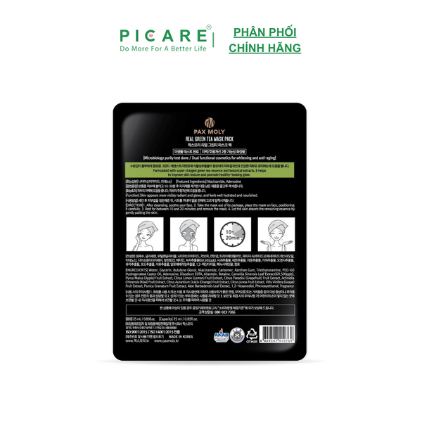 Mặt nạ dưỡng ẩm hỗ trợ làm dịu giảm sưng dành cho da mụn Pax Moly Real Green Tea Mask Pack 25ml Hộp 10 miếng