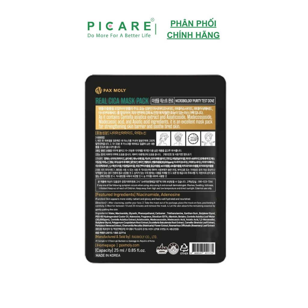 Mặt nạ trà xanh dành cho da thâm mụn PAX MOLY Real CICA Mask Pack (25ml)
