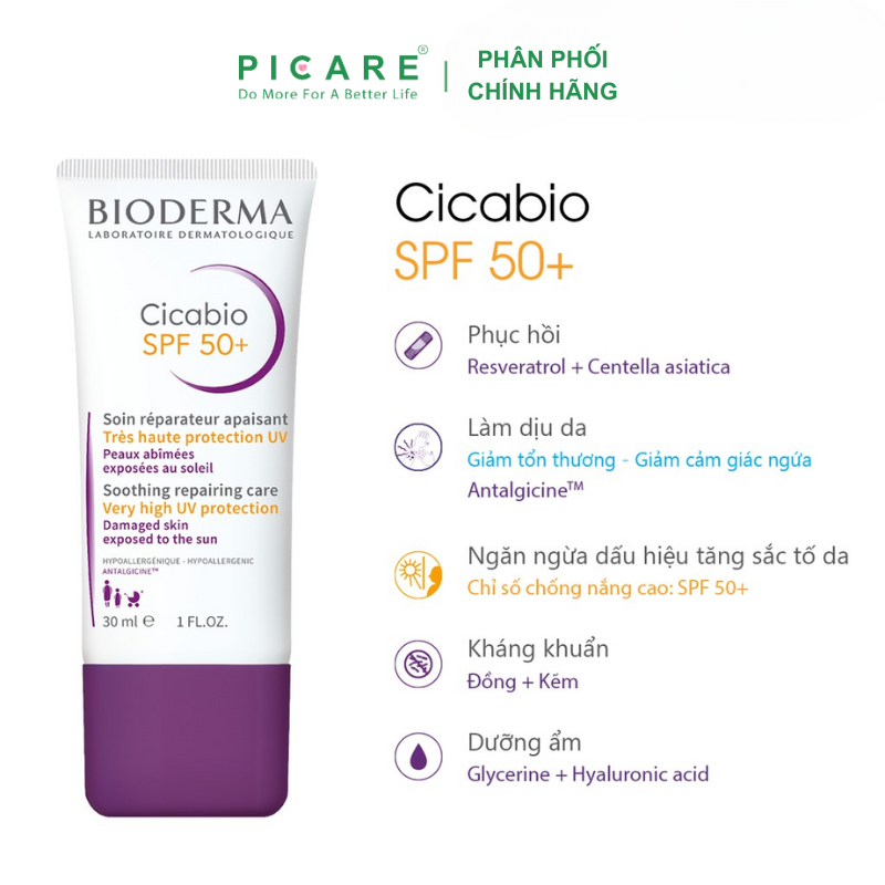 Kem dưỡng phục hồi da và chống nắng cho da sau vết thương Bioderma Cicabio Creme SPF 50+ 30ml
