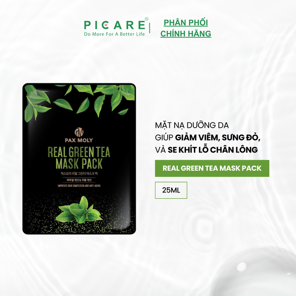 Mặt nạ dưỡng ẩm hỗ trợ làm dịu giảm sưng dành cho da mụn Pax Moly Real Green Tea Mask Pack 25ml Hộp 10 miếng