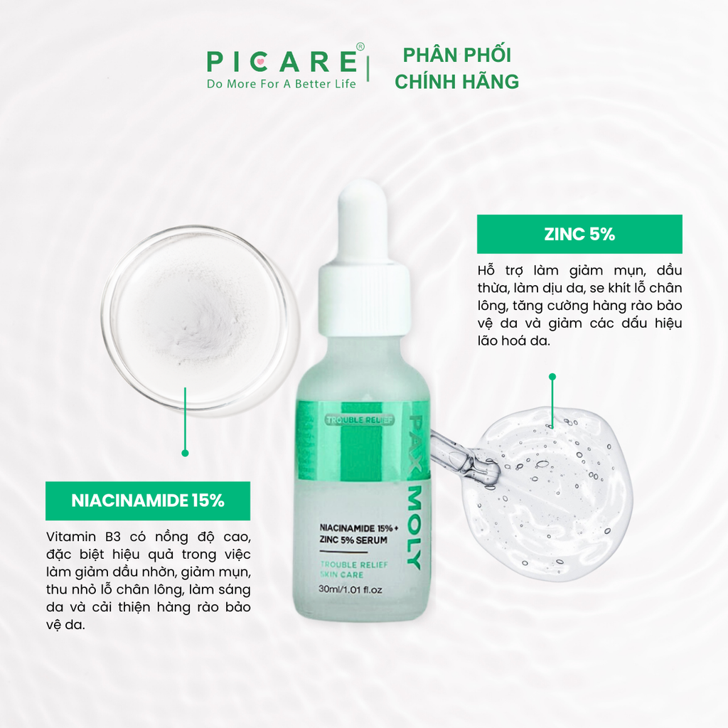 Tinh chất dành cho da dầu mụn PAX MOLY Niacinamide 15% + Zinc 5% Serum 30ml