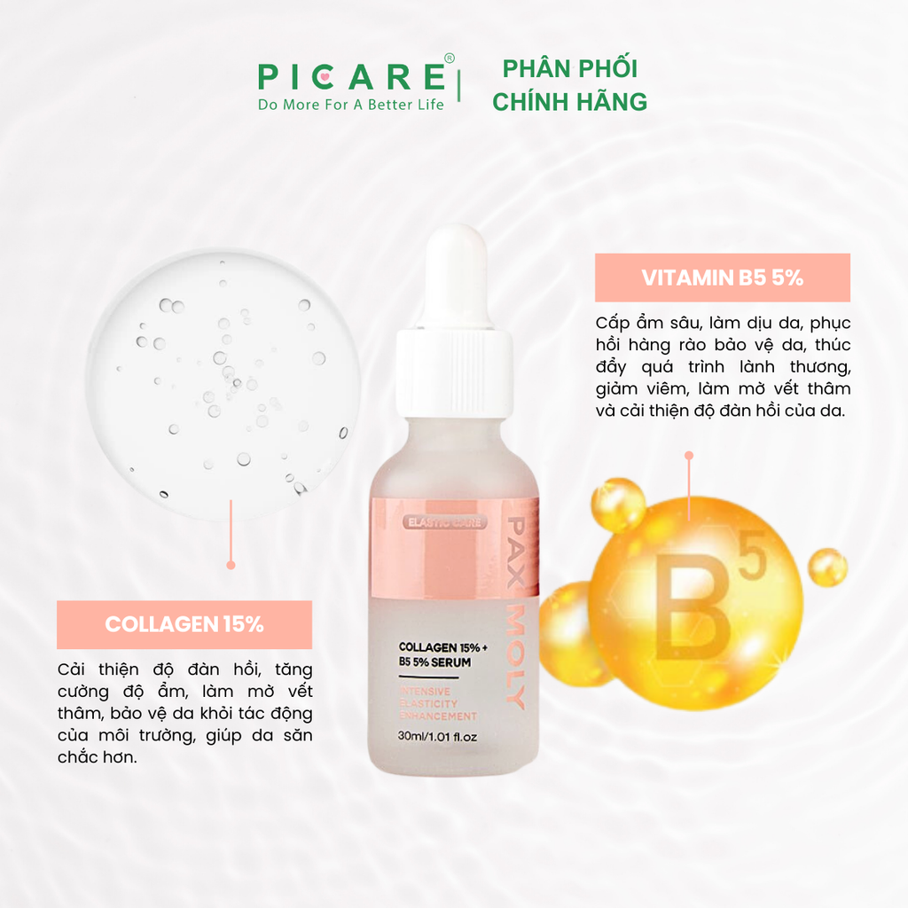 Tinh chất cấp ẩm và dưỡng da căng bóng mịn màng PAX MOLY Collagen 15% + B5 5% Serum 30ml