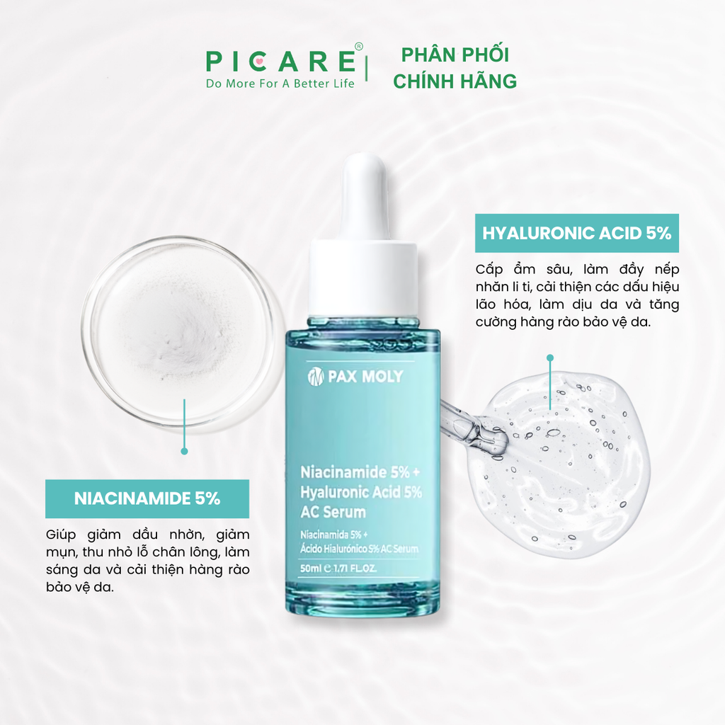 Tinh chất dưỡng ẩm và làm đều màu da Pax Moly Niacinamide 5% + Hyaluronic Acid 5% AC Serum 50ml