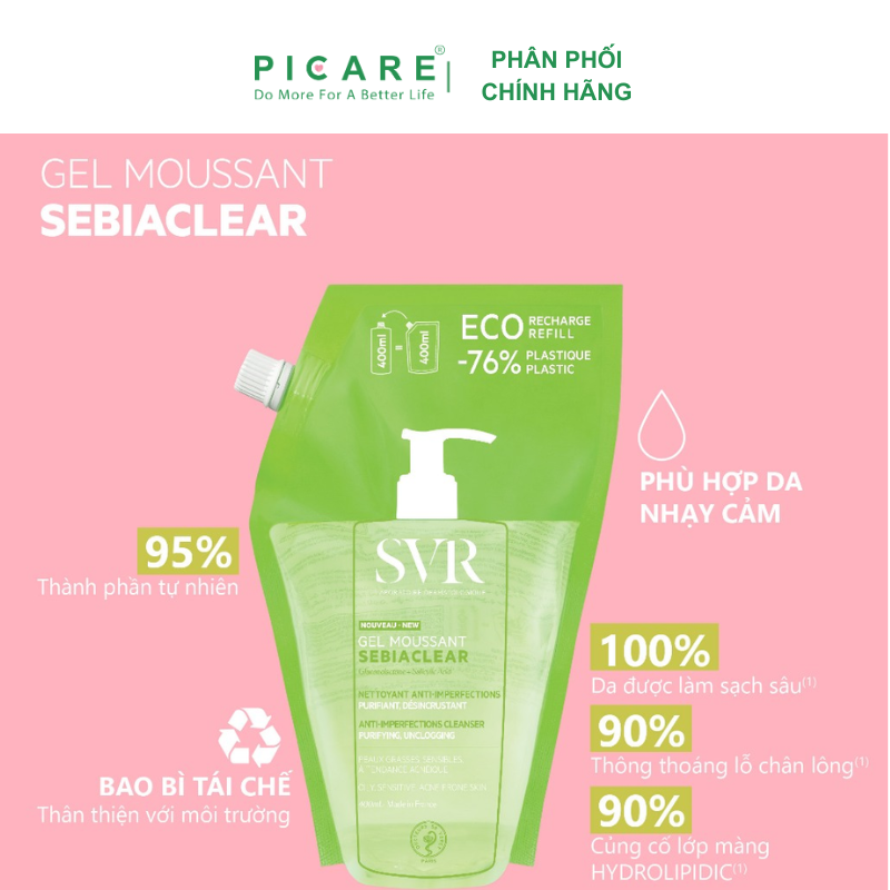 Gel Rửa Mặt Dành SVR Cho Da Dầu Sebiaclear Gel Moussant 400ml ( Túi Refill )