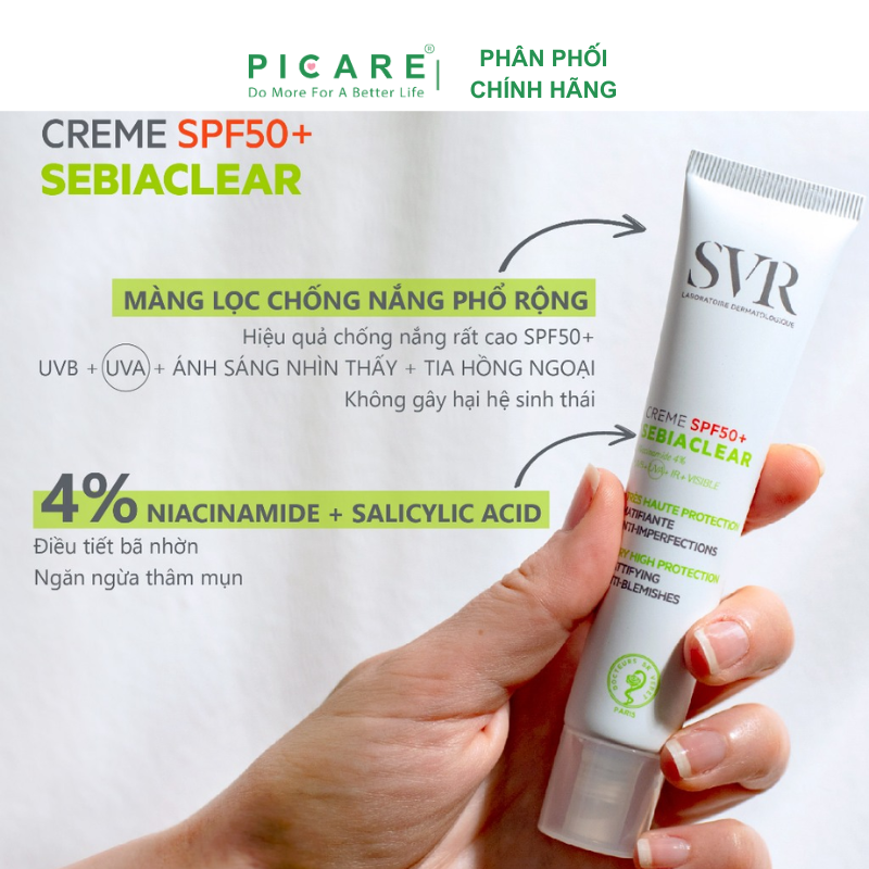 Kem Giảm Mụn Và Chống Nắng SVR Dành Cho Da Hỗn Hợp & Da Nhạy Cảm Sebiaclear Creme SPF50 50ml