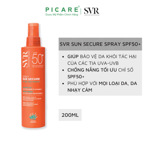 Xịt Chống Nắng Không Gây Nhờn Da, Dành Cho Mặt Và Toàn Thân SVR Sun Secure Spray SPF50 200ml