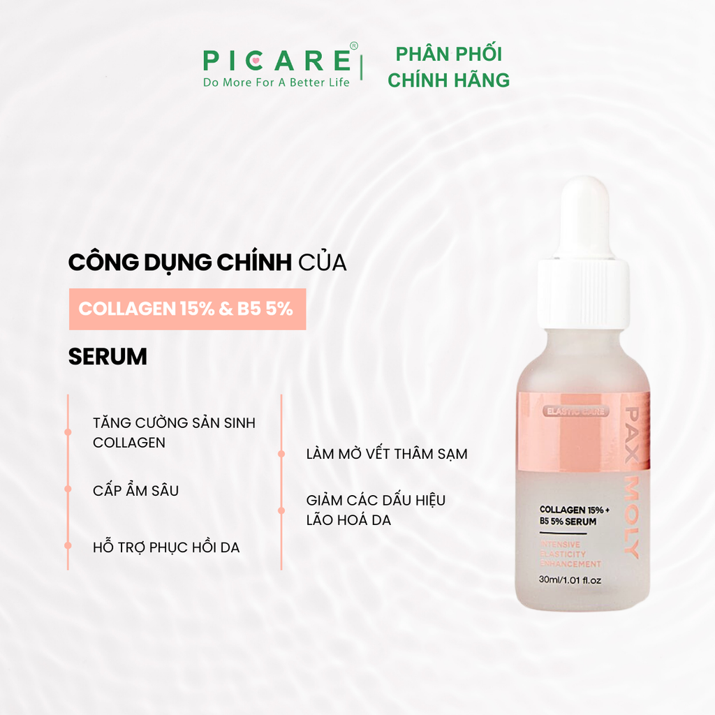 Tinh chất cấp ẩm và dưỡng da căng bóng mịn màng PAX MOLY Collagen 15% + B5 5% Serum 30ml