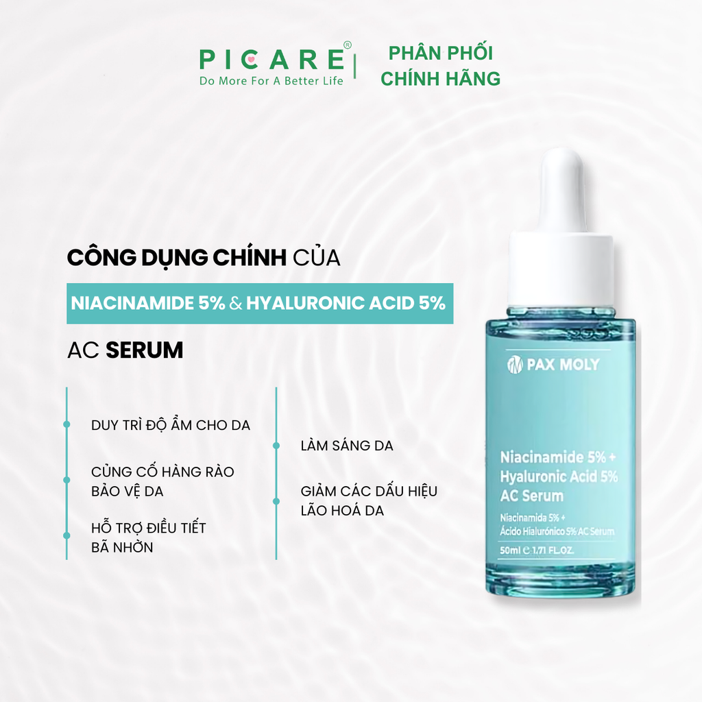 Tinh chất dưỡng ẩm và làm đều màu da Pax Moly Niacinamide 5% + Hyaluronic Acid 5% AC Serum 50ml