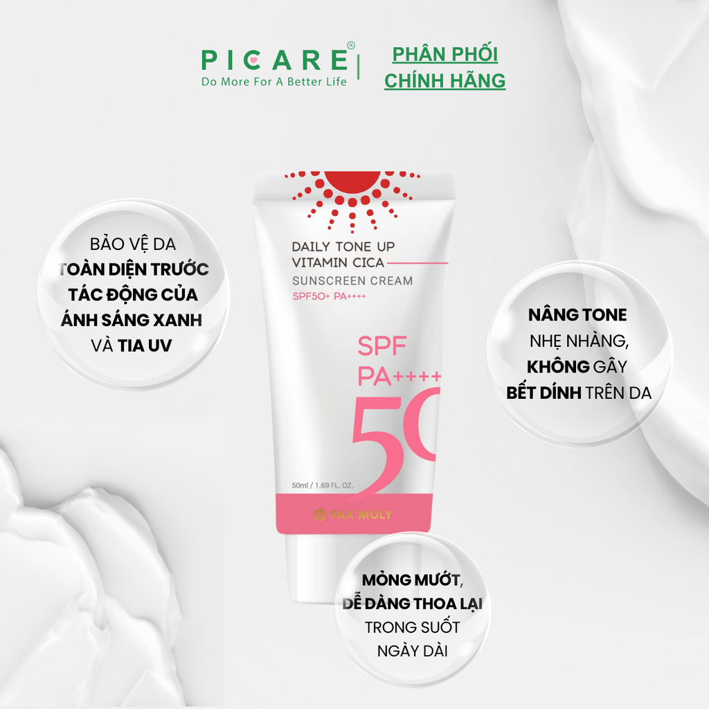 Kem chống nắng giúp nâng tone kiềm dầu chiết xuất rau má PAX MOLY Daily Tone Up Vitamin Cica Sunscreen Cream 50ml
