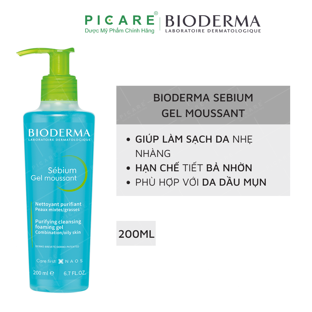 Gel Rửa Mặt Tạo Bọt Ngăn Ngừa Mụn Dành Cho Da Hỗn Hợp, Da Dầu Đến Da Mụn Bioderma Sebium Gel Moussant 200ml