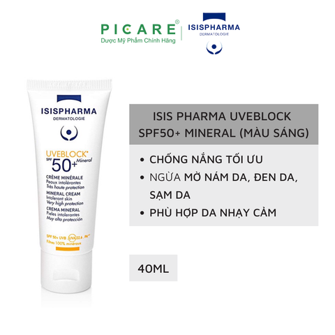 Kem Chống Nắng Dành Cho Da Nhạy Cảm ( màu trắng ) Isis Pharma Uveblock SPF 50 Mineral 40ml