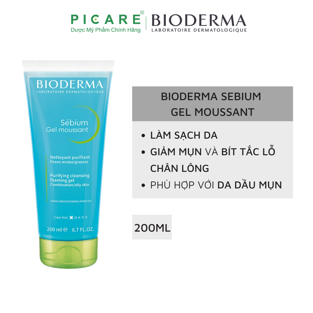 Gel Rửa Mặt Tạo Bọt Ngăn Ngừa Mụn Dành Cho Da Hỗn Hợp, Da Dầu Đến Da Mụn Bioderma Sebium Gel Moussant 200ml