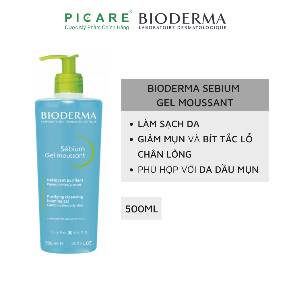 Gel Rửa Mặt Tạo Bọt Ngăn Ngừa Mụn Dành Cho Da Hỗn Hợp, Da Dầu Đến Da Mụn Bioderma Sebium Gel Moussant 500ml