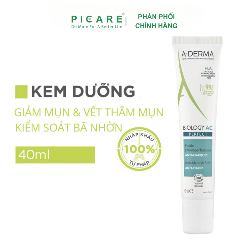 Kem Dưỡng Giảm Mụn, Kiểm Soát Bã Nhờn & Làm Mờ Thâm Mụn A-Derma Biology Ac Perfect Anti-Blemish Fluid 40ml