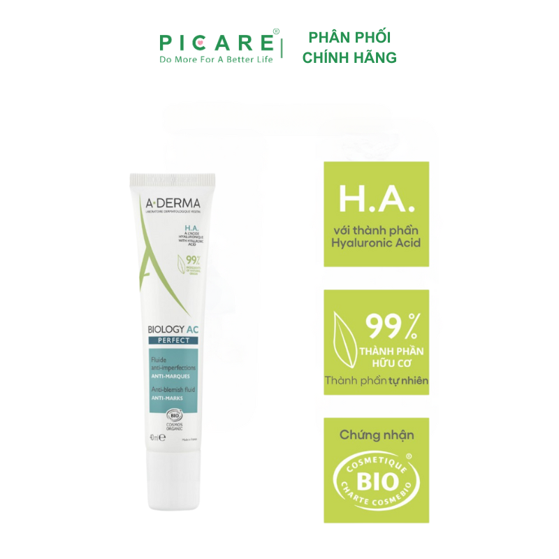 Kem Dưỡng Giảm Mụn, Kiểm Soát Bã Nhờn & Làm Mờ Thâm Mụn A-Derma Biology Ac Perfect Anti-Blemish Fluid 40ml