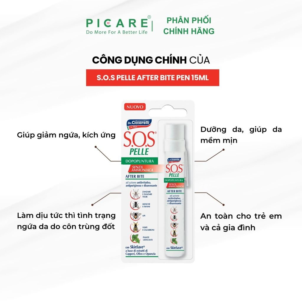 Bút chấm muỗi, côn trùng đốt làm dịu và giảm ngứa tức thì – S.O.S PELLE After Bite Pen 15ml