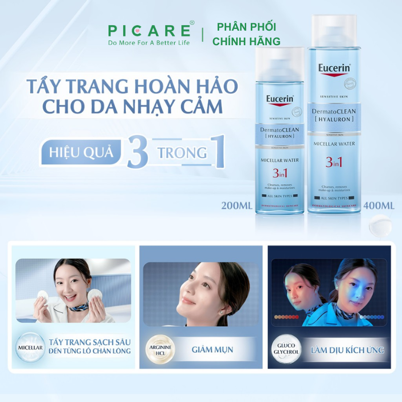 Nước Tẩy Trang Dành Cho Da Nhạy Cảm Eucerin Dermato Clean Hyaluron Micellar Water 3In1 400ml