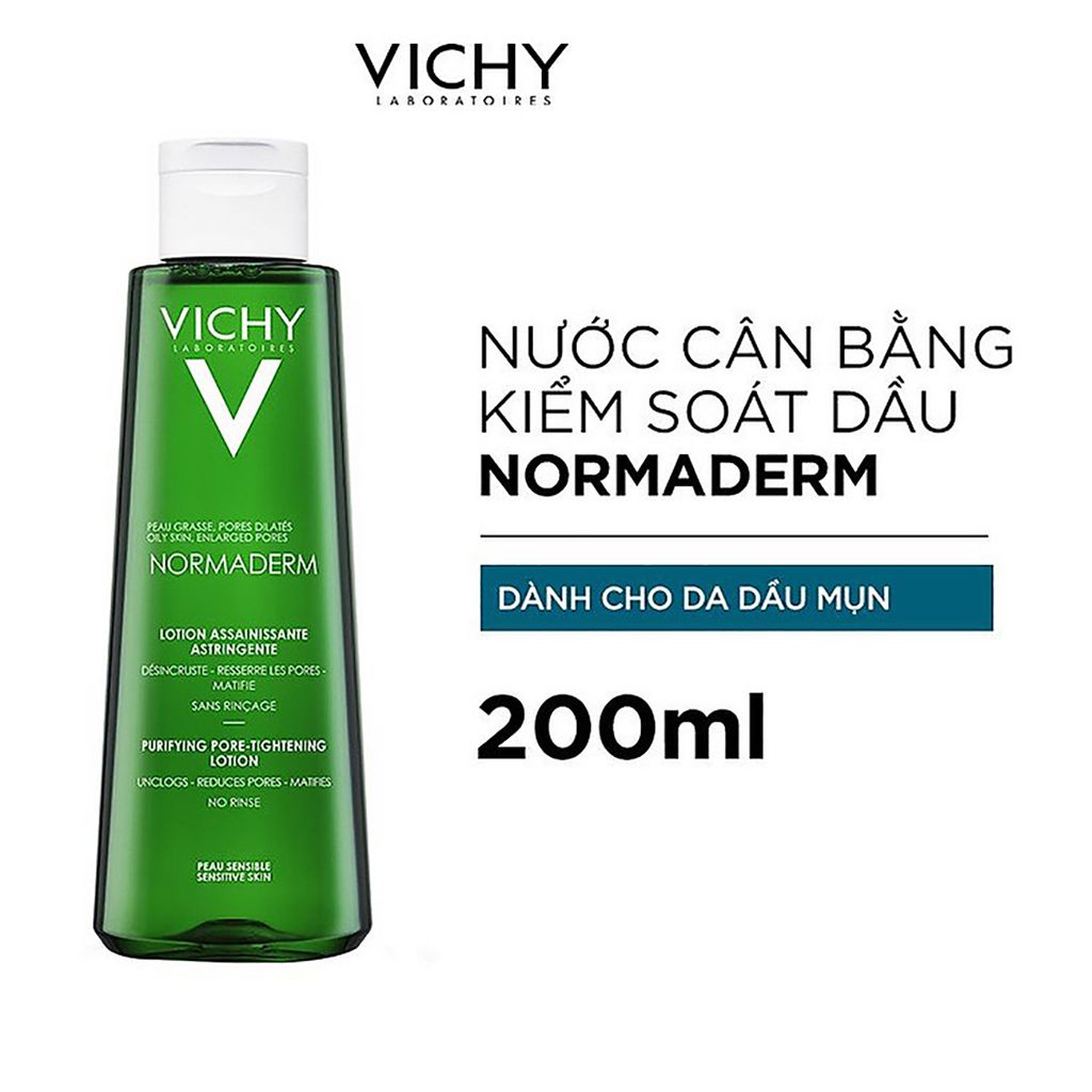 Nước Cân Bằng Giảm Bóng Dầu, Se Khít Lỗ Chân lông Cho Da Dầu, Mụn Vichy Normaderm Purifying Pore-Tightening Lotion 200ml