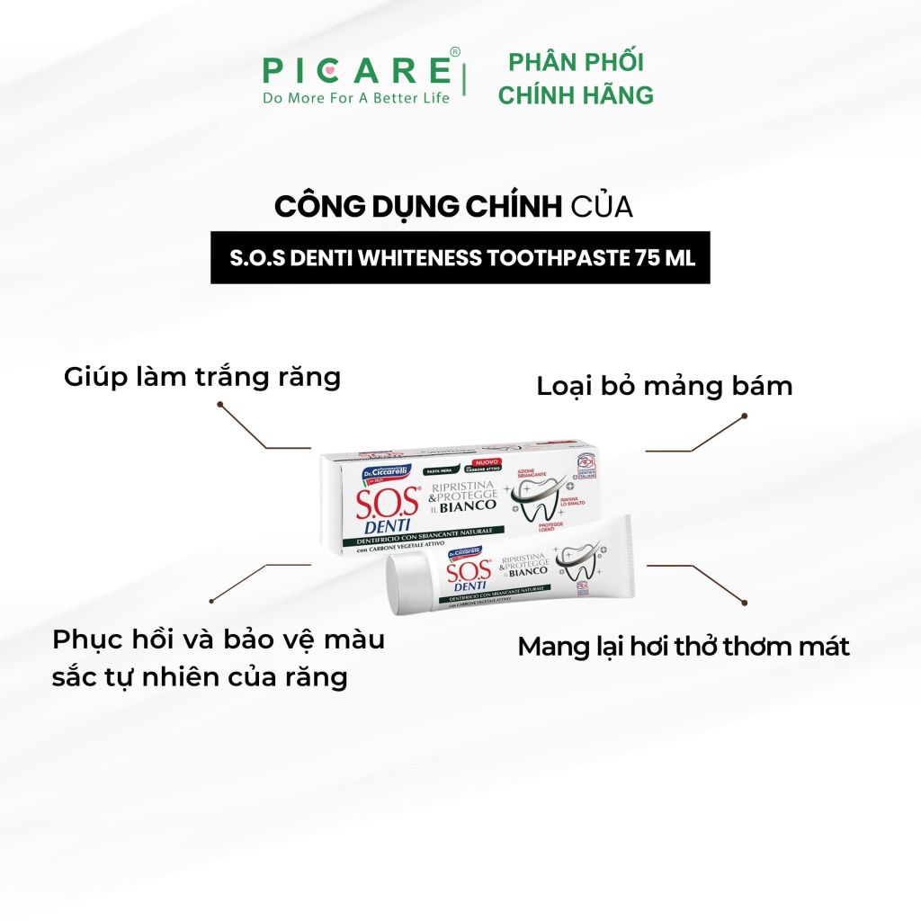 Kem đánh răng than hoạt tính giúp trắng răng, cải thiện và bảo vệ màu sắc tự nhiên của răng - S.O.S DENTI Whiteness Toothpaste 75 ml