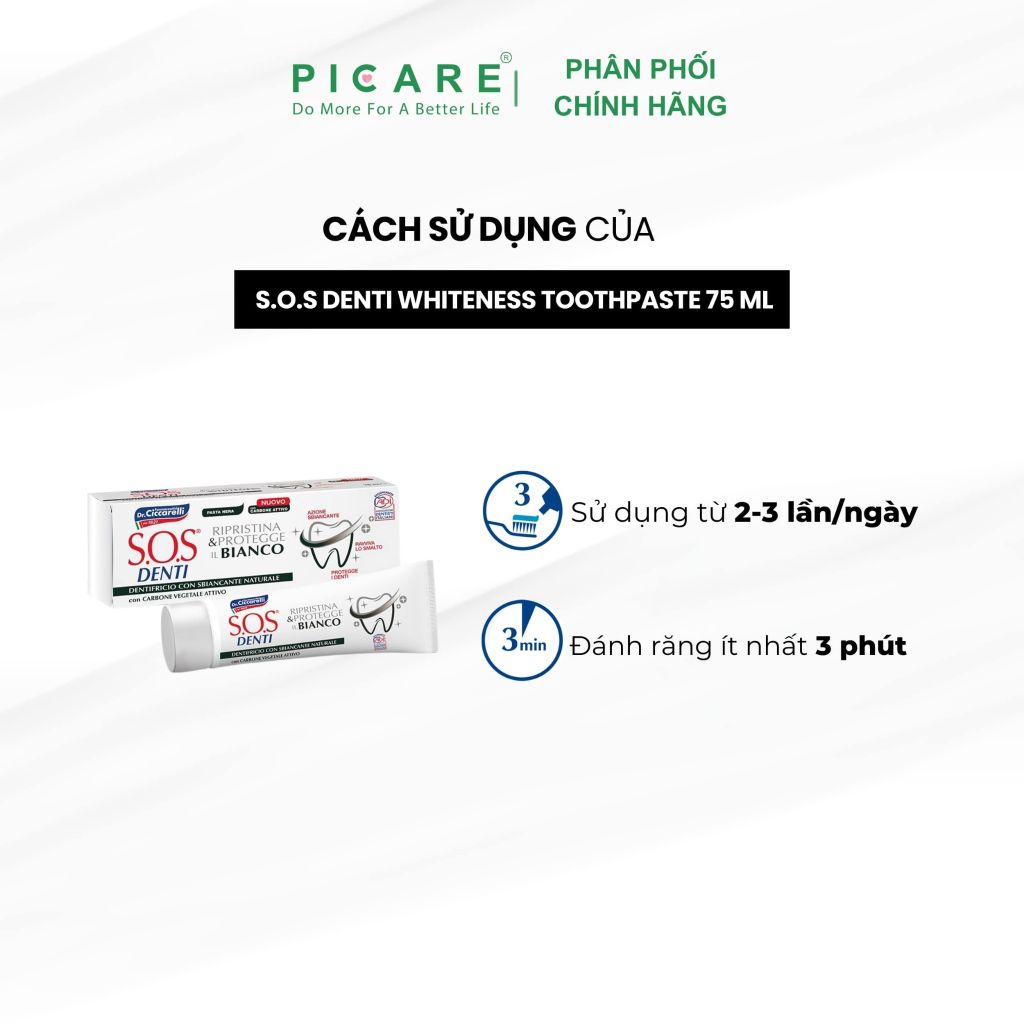 Kem đánh răng than hoạt tính giúp trắng răng, cải thiện và bảo vệ màu sắc tự nhiên của răng - S.O.S DENTI Whiteness Toothpaste 75 ml