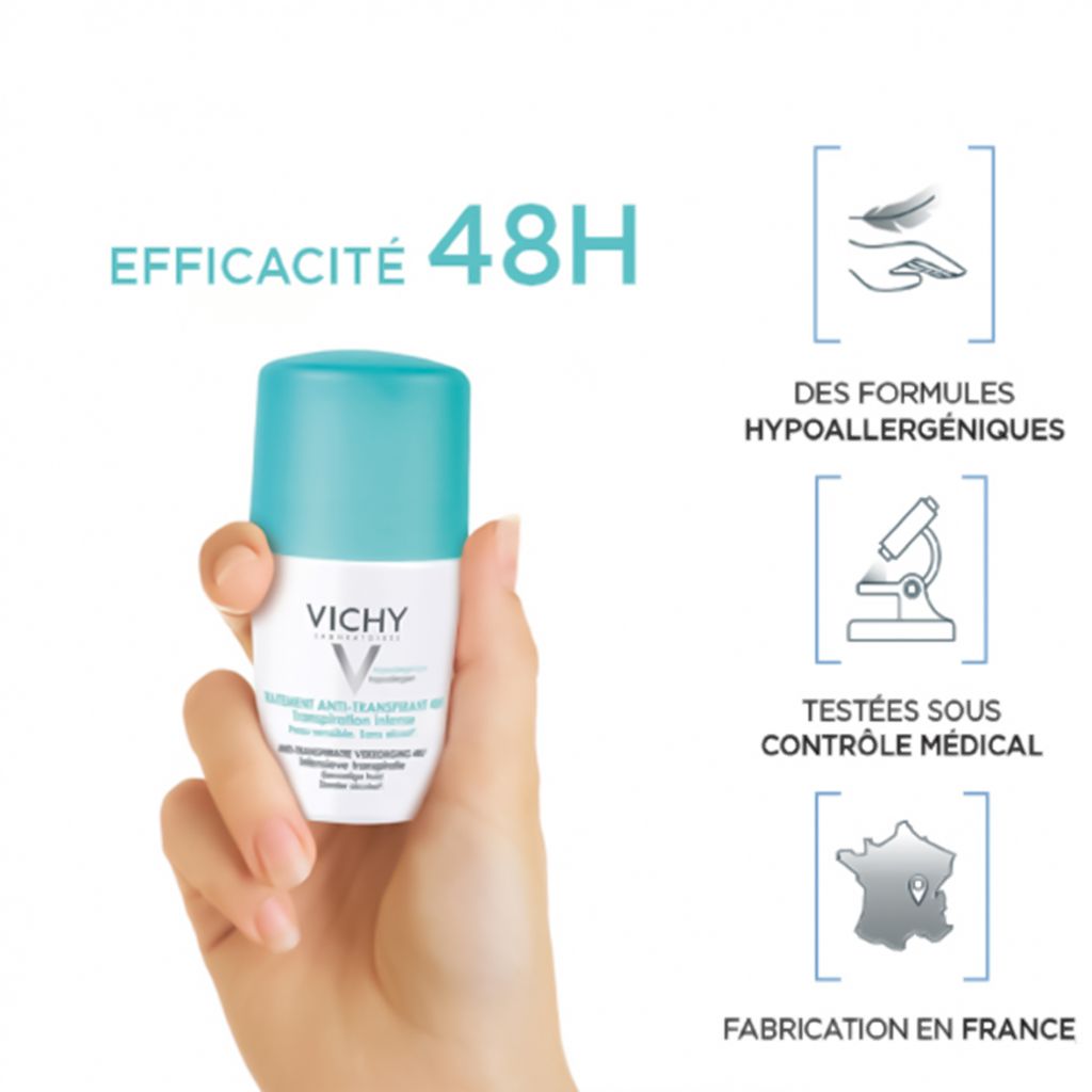 Lăn Khử Mùi Giúp Khô Thoáng Vùng Da Dưới Cánh Tay 48h Vichy Antiperspirant Deodorant 48h Kraftig Transpiration 50ml