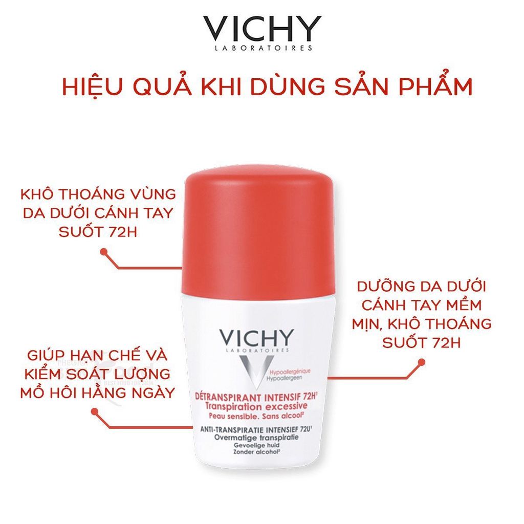 Lăn Khử Mùi Giúp Khô Thoáng Vùng Da Dưới Cánh Tay 72h Vichy Detranspirant Intensif 72h Transpiration Excessive 50ml