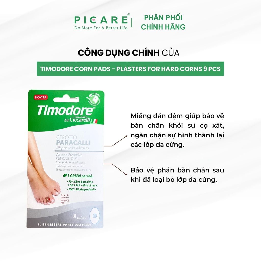 Miếng dán đệm hỗ trợ loại bỏ mụn cóc Timodore 9 miếng/gói - Timodore Corn Pads - Plasters For Hard Corns 9 pcs