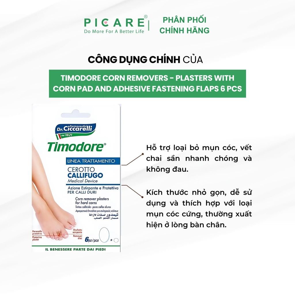 Miếng dán loại bỏ mụn cóc, vết chai Timodore 6 miếng/ gói - Timodore Corn Removers - Plasters With Corn Pad And Adhesive Fastening Flaps
