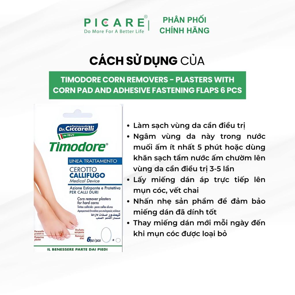Miếng dán loại bỏ mụn cóc, vết chai Timodore 6 miếng/ gói - Timodore Corn Removers - Plasters With Corn Pad And Adhesive Fastening Flaps