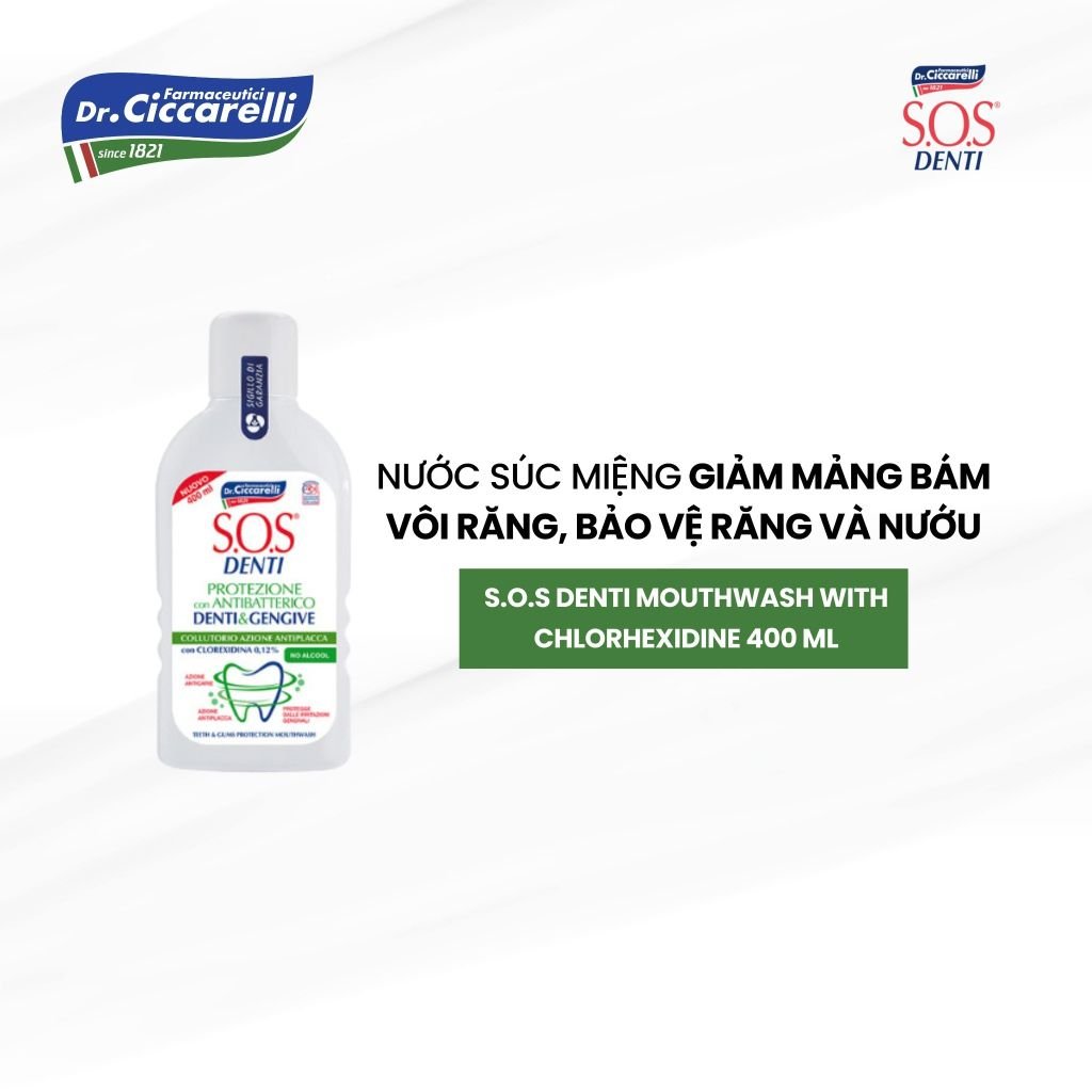 Nước súc miệng kháng khuẩn, hạn chế sự hình thành mảng bám, bảo vệ răng nướu nhạy cảm - S.O.S DENTI Mouthwash With Chlorhexidine 400 ml