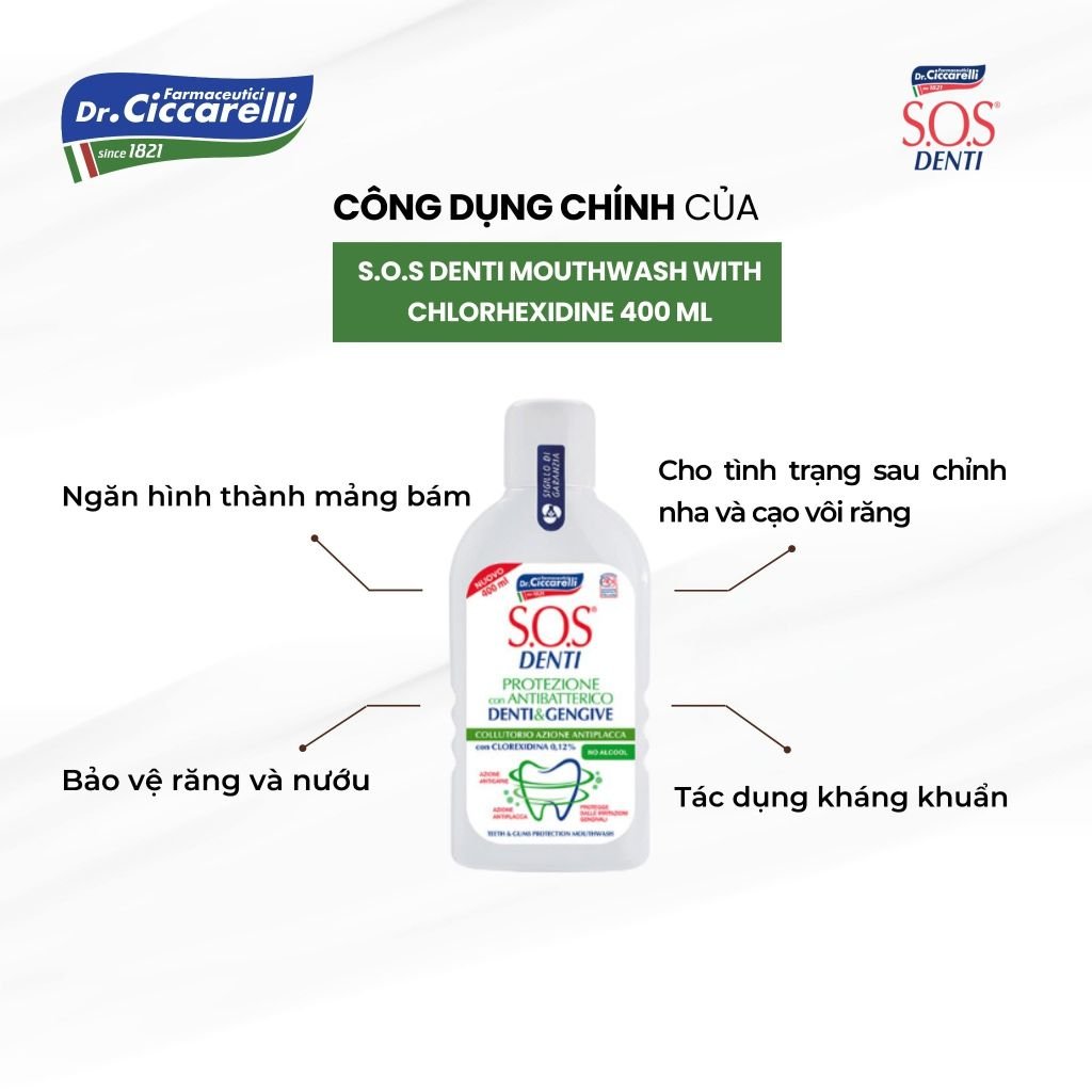 Nước súc miệng kháng khuẩn, hạn chế sự hình thành mảng bám, bảo vệ răng nướu nhạy cảm - S.O.S DENTI Mouthwash With Chlorhexidine 400 ml