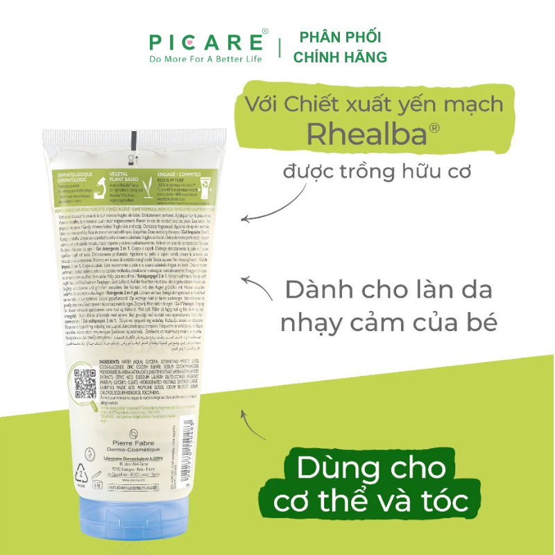 Gel Làm Sạch Tóc Và Toàn Thân Dịu Nhẹ Cho Bé A-Derma Primalba Cleansing Gel 2 in 1 200ml