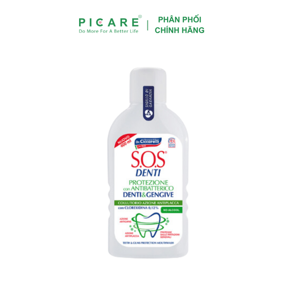 Nước súc miệng kháng khuẩn, hạn chế sự hình thành mảng bám, bảo vệ răng nướu nhạy cảm - S.O.S DENTI Mouthwash With Chlorhexidine 400 ml