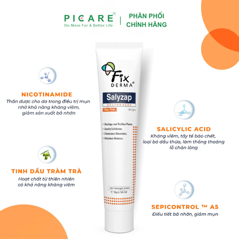 Gel dưỡng giảm mụn ban ngày Fixderma Salyzap Gel For Acne Day Time 20g