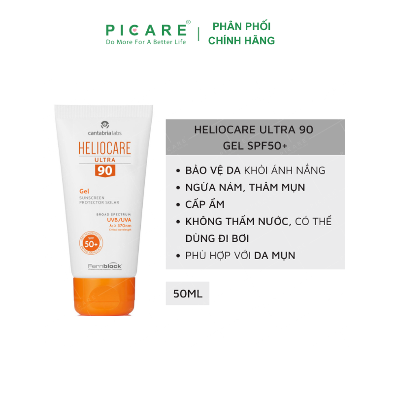 Kem Chống Nắng Dạng Gel Cho Da Thường, Da Nhờ, Da Mụn Và Da Hổn Hợp Heliocare Gel 90 SPF50+ 50ml