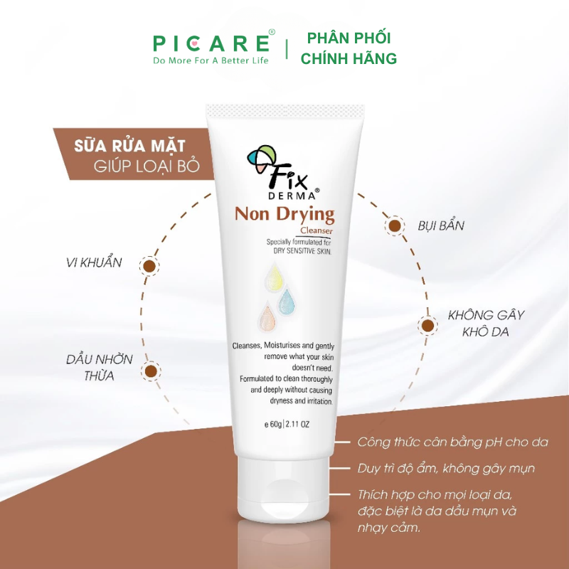 Sữa rửa mặt làm sạch bụi bẩn dầu nhờn tẩy tế bào chết Fixderma Non Drying Cleanser 60g