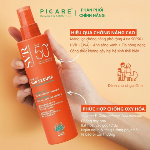Xịt Chống Nắng Không Gây Nhờn Da, Dành Cho Mặt Và Toàn Thân SVR Sun Secure Spray SPF50 200ml